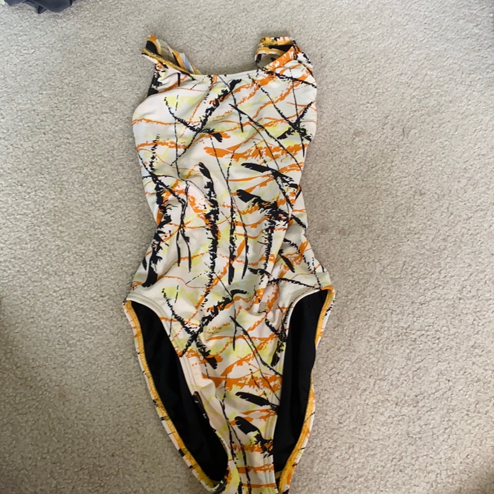 yellow patterned swim suit